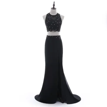 Chic Beautiful 2 Piece Black Evening Dresses 2018 Trumpet Mermaid Scoop Neck Sleeveless Beading Lace Flower Sequins Rhinestone Backless Sweep Train Formal Dresses