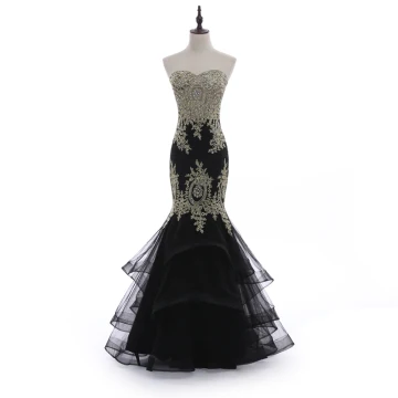 Charmant Noire Robe De Soirée 2018 Trompette Sirène Bustier Dos Nu En Dentelle Fleur Faux Diamant Sans Manches Longue Robe De Ceremonie
