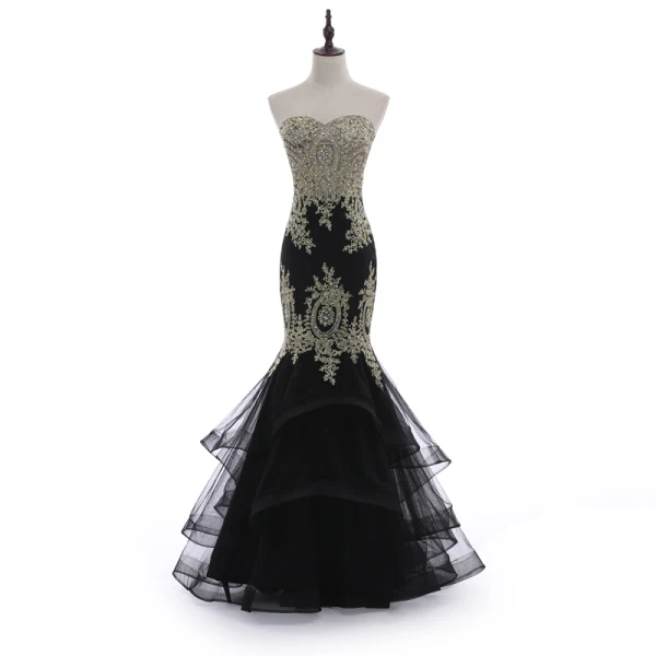 Charmant Noire Robe De Soirée 2018 Trompette / Sirène Bustier Dos Nu En Dentelle Fleur Faux Diamant Sans Manches Longue Robe De Ceremonie