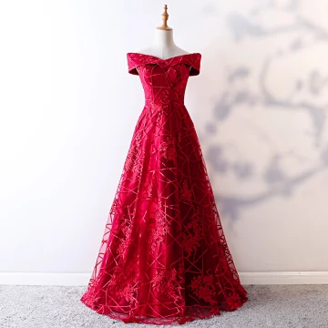Chic Belle Rouge Robe De Soirée 2019 Princesse De L Épaule En Dentelle Fleur Manches Courtes Dos Nu Longue Robe De Ceremonie