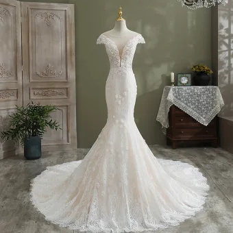 Charmant Blanche Trompette Sirène Robe De Mariée 2021 Encolure Dégagée Perle En Dentelle Fleur Mancherons Chapel Train Mariage