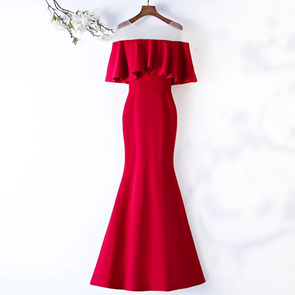Chic / Beautiful Burgundy Evening Dresses 2019 Trumpet / Mermaid Scoop Neck 1/2 Sleeves Backless Floor-Length / Long Formal Dresses