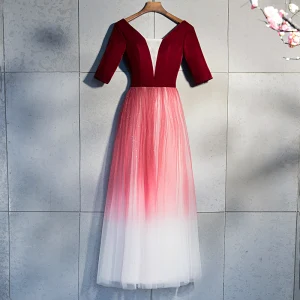 Chic Beautiful Burgundy Evening Dresses 2019 A Line Princess V Neck Suede 1 2 Sleeves Backless Sequins Floor Length Long Formal Dresses