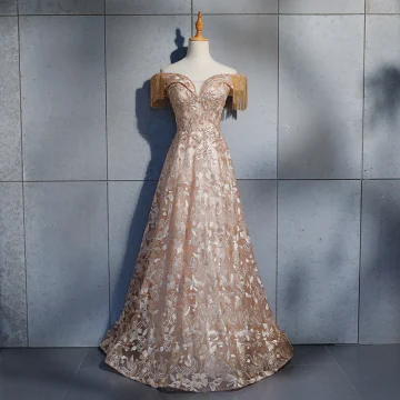 Élégant Champagne Robe De Soirée 2019 Princesse De L Épaule Perlage Gland Manches Courtes En Dentelle Fleur Cristal Dos Nu Longue Robe De Ceremonie
