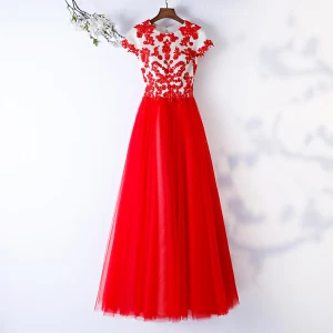 Chic Belle Rouge Robe De Bal 2019 Princesse Encolure Dégagée En Dentelle Fleur Perlage Manches Courtes Longue Robe De Ceremonie