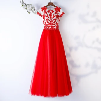 Chic Belle Rouge Robe De Bal 2019 Princesse Encolure Dégagée En Dentelle Fleur Perlage Manches Courtes Longue Robe De Ceremonie