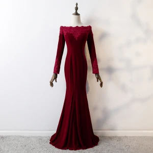 Élégant Bordeaux Robe De Soirée 2019 Trompette Sirène En Dentelle Fleur Encolure Carrée Perlage Cristal Paillettes Daim Manches Longues Longue Robe De Ceremonie