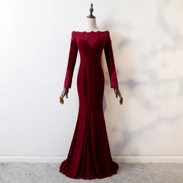 Elegante Bordeaux Avondjurken 2019 Trompet Zeemeermin Kant Bloem Vierkante Halslijn Kralen Kristal Pailletten Suede Lange Mouwen Lange Gelegenheid Jurken