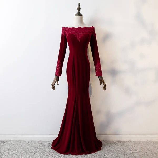 Elegante Bordeaux Avondjurken 2019 Trompet / Zeemeermin Kant Bloem Vierkante Halslijn Kralen Kristal Pailletten Suede Lange Mouwen Lange Gelegenheid Jurken