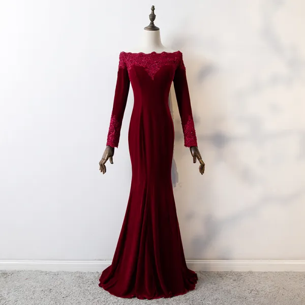 Elegant Burgundy Evening Dresses  2019 Trumpet / Mermaid Lace Flower Square Neckline Beading Crystal Sequins Suede Long Sleeve Floor-Length / Long Formal Dresses