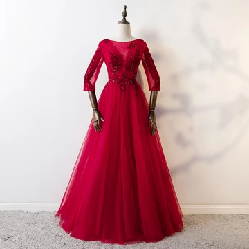 Chic Belle Bordeaux Robe De Bal 2019 Princesse Encolure Dégagée 3 4 Manches Perlage En Dentelle Paillettes Cristal Dos Nu Longue Robe De Ceremonie