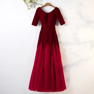 Chic Belle Bordeaux Robe De Bal 2019 Princesse Daim Encolure Dégagée 1 2 Manches Dos Nu Longue Robe De Ceremonie