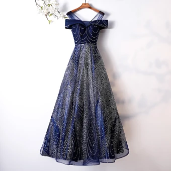 Charming Glitter Navy Blue Evening Dresses 2019 A Line Princess Scoop Neck Short Sleeve Backless Floor Length Long Formal Dresses