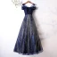 Charming Glitter Navy Blue Evening Dresses  2019 A-Line / Princess Scoop Neck Short Sleeve Backless Floor-Length / Long Formal Dresses