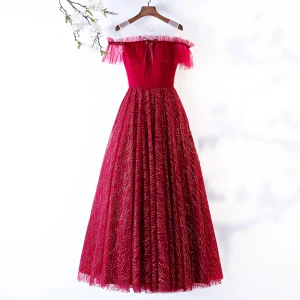 Chic Belle Glitter Bordeaux Robe De Bal 2019 Princesse Encolure Dégagée Volants Manches Courtes Longue Robe De Ceremonie