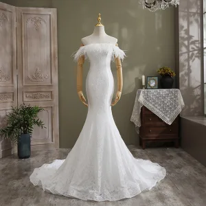 Charming White Wedding Dresses 2021 Trumpet Mermaid Off The Shoulder Tassel Lace Flower Sleeveless Backless Chapel Train Wedding