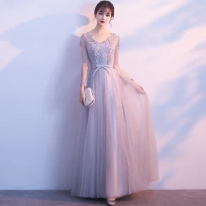 Chic Belle Gris Robe De Bal 2018 Princesse Appliques Paillettes Noeud V Cou Manches Longues Longue Robe De Ceremonie