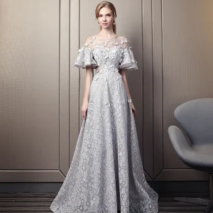 Elegant Grey Evening Dresses 2019 A Line Princess Off The Shoulder Beading Lace Flower Short Sleeve Backless Floor Length Long Formal Dresses