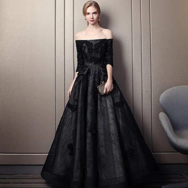 long lace formal black evening dress reviews Black A Line Long Sleeves Lace Prom Dress, Black Lace Formal Dress, Ev –  Shiny Party