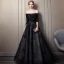Elegante Schwarz Abendkleider 2019 A Linie Off Shoulder Perlenstickerei Spitze Blumen Kristall 3/4 Ärmel Rückenfreies Lange Festliche Kleider