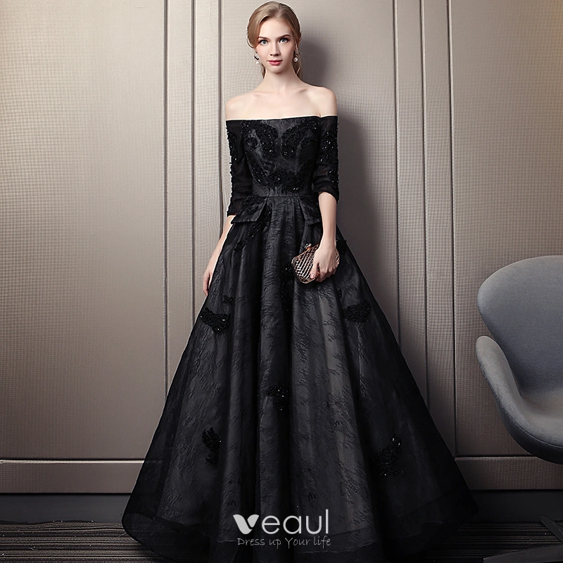 Elegant Black Evening Dresses 2019 A Line Princess Off The Shoulder Beading Lace Flower Crystal 3 4 Sleeve Backless Floor Length Long Formal Dresses