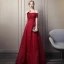 Chic / Beautiful Burgundy Evening Dresses  2019 A-Line / Princess Off-The-Shoulder Beading Crystal Sequins Short Sleeve Backless Floor-Length / Long Formal Dresses