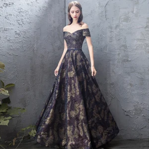 Élégant Bleu Marine Robe De Bal 2019 Princesse De L Épaule Dentelle Faux Diamant Manches Courtes Dos Nu Longue Robe De Ceremonie