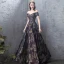 Elegant Navy Blue Prom Dresses 2019 A-Line / Princess Off-The-Shoulder Lace Rhinestone Short Sleeve Backless Floor-Length / Long Formal Dresses