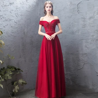 Charming Burgundy Evening Dresses 2019 A Line Princess Off The Shoulder Beading Crystal Lace Flower Sequins Short Sleeve Backless Floor Length Long Formal Dresses