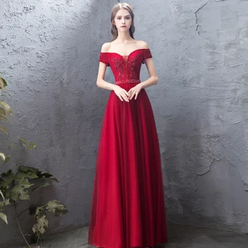 Charmant Bordeaux Robe De Soirée 2019 Princesse De L Épaule Perlage Cristal En Dentelle Fleur Paillettes Manches Courtes Dos Nu Longue Robe De Ceremonie