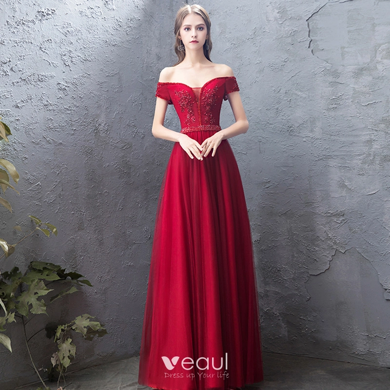 Charming Burgundy Evening Dresses 2019 A Line Princess Off The Shoulder Beading Crystal Lace Flower Sequins Short Sleeve Backless Floor Length Long Formal Dresses