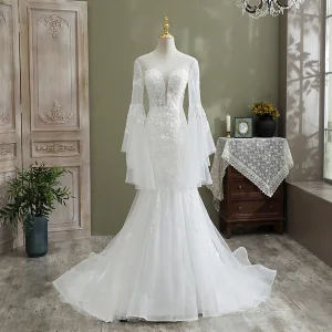 Elegant White Trumpet Mermaid Wedding Dresses 2021 Scoop Neck Beading Lace Flower Long Sleeve Backless Cathedral Train Wedding