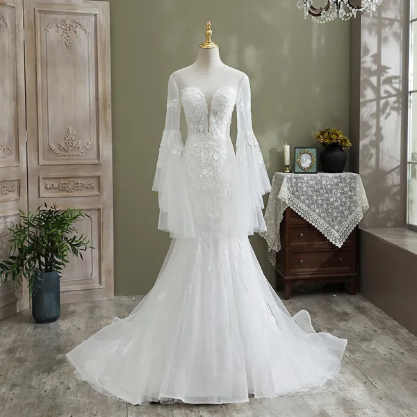 Elegant White Trumpet / Mermaid Wedding Dresses 2021 Scoop Neck Beading Lace Flower Long Sleeve Backless Cathedral Train Wedding
