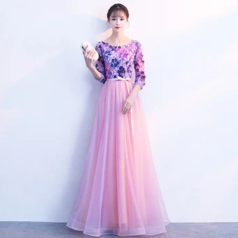 Chic Belle Rose Bonbon Robe De Bal 2018 Princesse Appliques Noeud Encolure Dégagée 3 4 Manches Longue Robe De Ceremonie