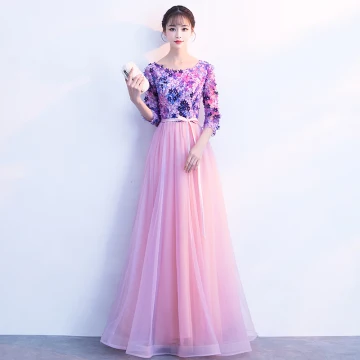 Chic Beautiful Candy Pink Prom Dresses 2018 A Line Princess Appliques Bow Scoop Neck 3 4 Sleeve Floor Length Long Formal Dresses