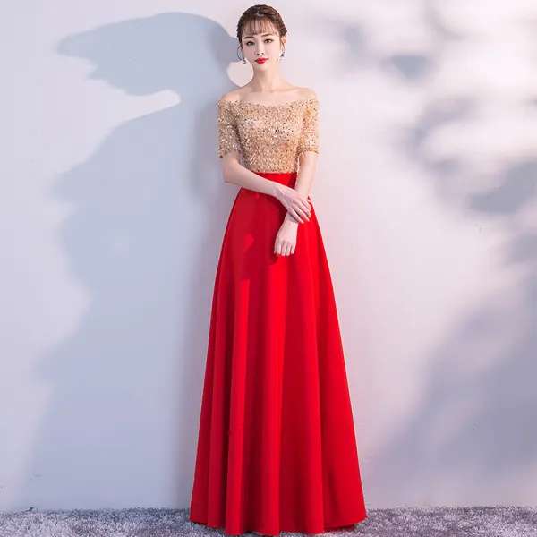 Eleganckie Czerwone Sukienki Wieczorowe 2019 Princessa Przy Ramieniu Cekiny Koronkowe Kutas Kótkie Rękawy Bez Pleców Długie Sukienki Wizytowe