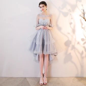 Chic Belle Gris Robe De Cocktail 2019 Princesse Encolure Dégagée En Dentelle Appliques 1 2 Manches Dos Nu Asymétrique Robe De Ceremonie