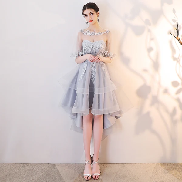 Chic / Beautiful Grey Cocktail Dresses 2019 A-Line / Princess Scoop Neck  Lace Appliques 1/2 Sleeves