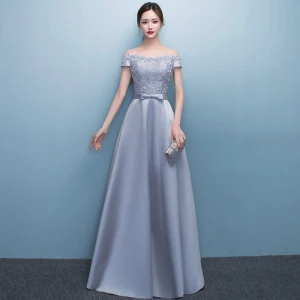 Affordable Silver Evening Dresses 2019 A Line Princess Off The Shoulder Bow Lace Short Sleeve Backless Floor Length Long Formal Dresses