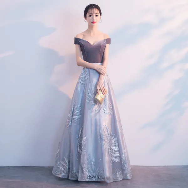 Elegant Grey Prom Dresses 2019 A Line Princess Suede Off The Shoulder Lace Short Sleeve Backless