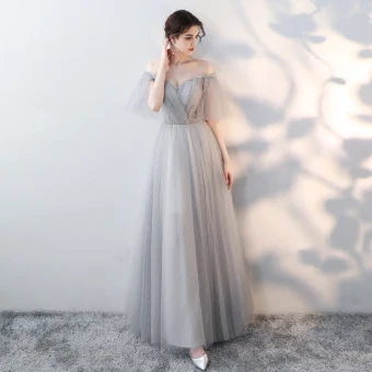 Modest Simple Grey Prom Dresses 2019 A Line Princess Off The Shoulder Ruffle Spotted Short Sleeve Backless Floor Length Long Formal Dresses
