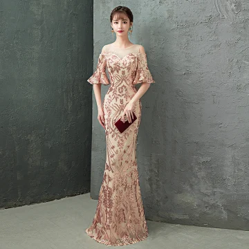 Charming Champagne Evening Dresses Trumpet Mermaid 2019 Scoop Neck Sequins Rhinestone Bell Sleeves Floor Length Long Formal Dresses