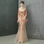 Charming Gold Evening Dresses  2019 Trumpet / Mermaid Scoop Neck Crystal Sequins 1/2 Sleeves Backless Floor-Length / Long Formal Dresses