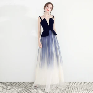 Chic Beautiful Navy Blue Gradient Color Evening Dresses 2019 A Line Princess Spaghetti Straps Sleeveless Backless Floor Length Long Formal Dresses