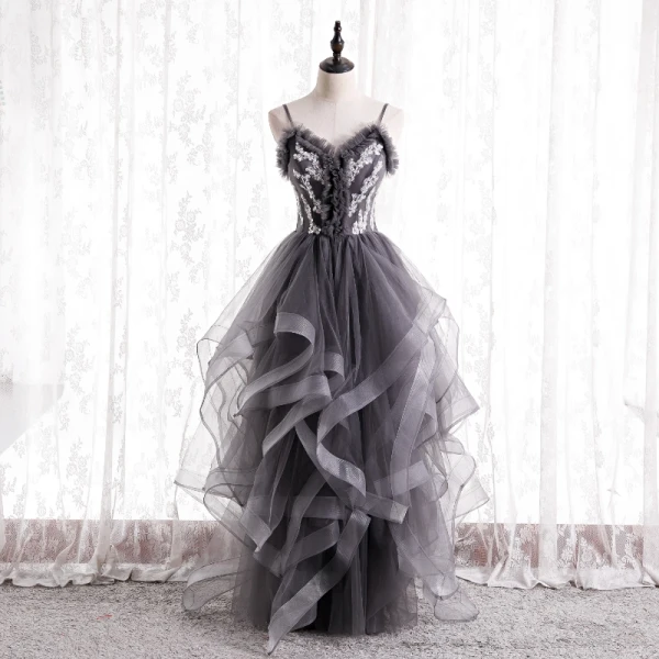 Fashion Grey Ruffle Prom Dresses 2021 A-Line / Princess Spaghetti Straps Beading Sequins Sleeveless Backless Floor-Length / Long Prom Formal Dresses
