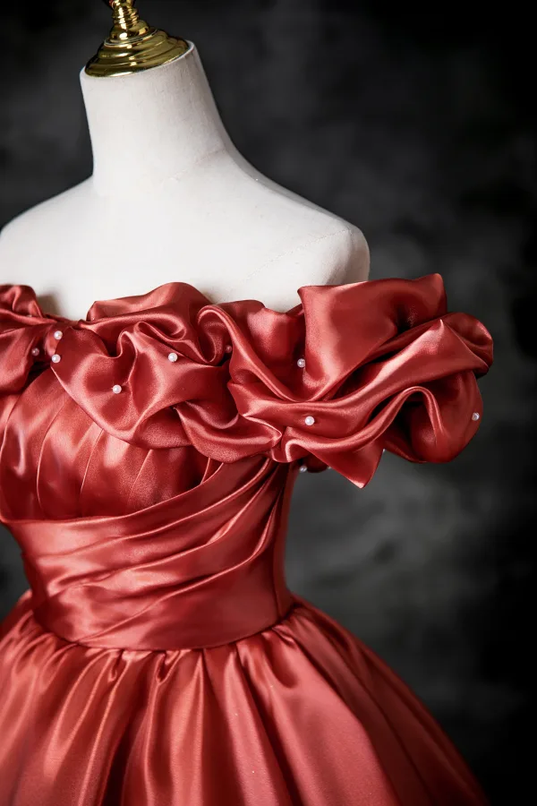 Elegant Watermelon Prom Dresses 2025 Ball Gown Off-The-Shoulder Ruffle Short Sleeve Backless Floor-Length / Long Prom Formal Dresses