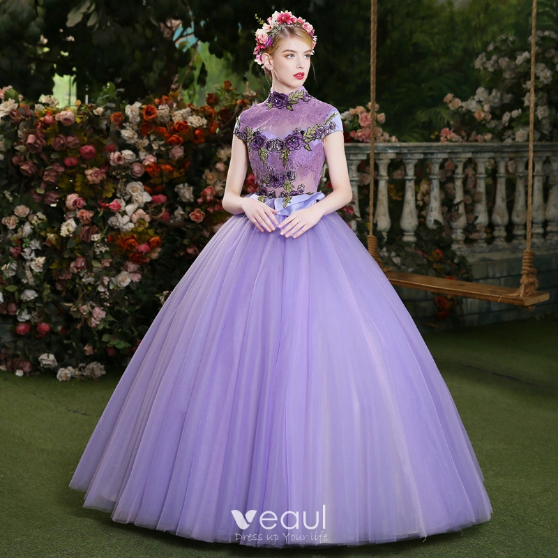 Affordable Lilac Prom Dresses 2019 Ball Gown High Neck Crystal Lace Flower Short Sleeve Backless Floor Length Long Formal Dresses