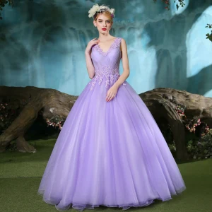 Chic Belle Lilas Robe De Bal 2019 Princesse V Cou Perlage Appliques En Dentelle Sans Manches Dos Nu Longue Robe De Ceremonie
