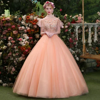 Abordable Perle Rose Robe De Bal 2019 Robe Boule Encolure Dégagée En Dentelle Appliques Perle Manches Courtes Dos Nu Longue Robe De Ceremonie