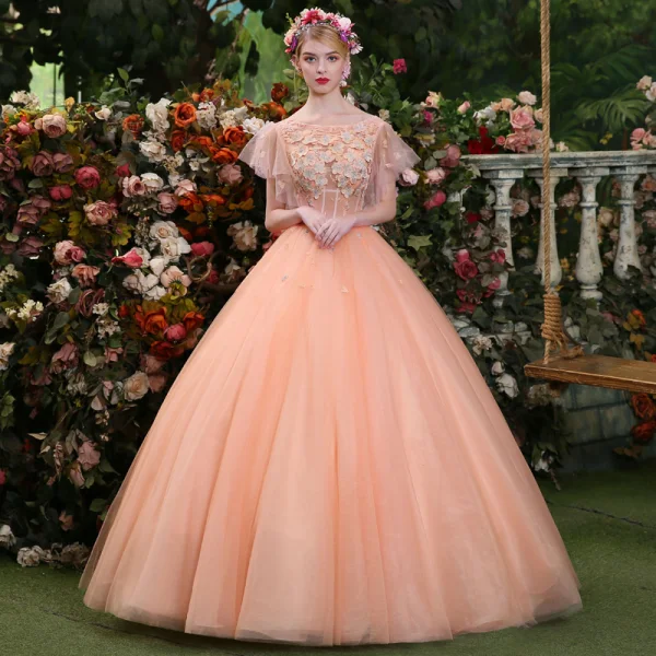 Affordable Pearl Pink Prom Dresses 2019 Ball Gown Scoop Neck Lace Appliques Pearl Short Sleeve Backless Floor-Length / Long Formal Dresses